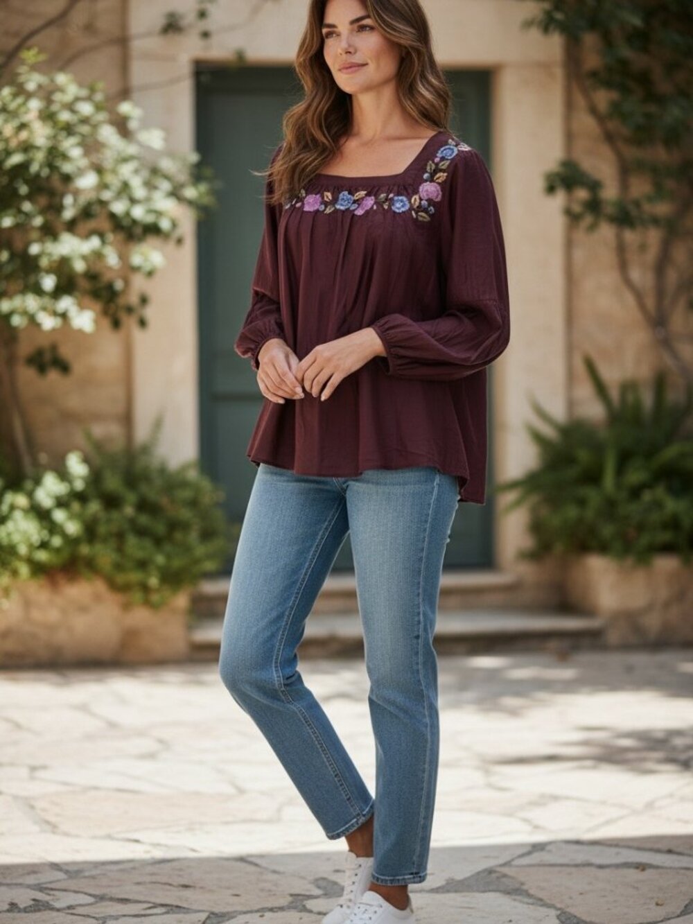 Samant Chauhan XL Boho Burgundy Embroidered Blouse Floral Balloon Sleeve Top